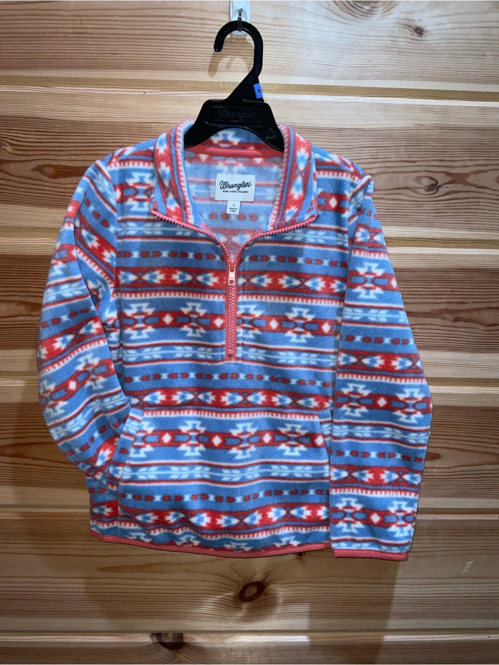 Wrangler Coral and Light Blue Geometric Half-Zip Fleece Pullover